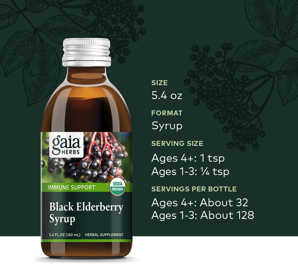 Gaia Herbs Black Elderberry Syrup - Daily Immune Support with Antioxidants, Organic Sambucus Elderberry Supplement, 5.4 Fl Oz (Pack of 1): Health & Personal Care