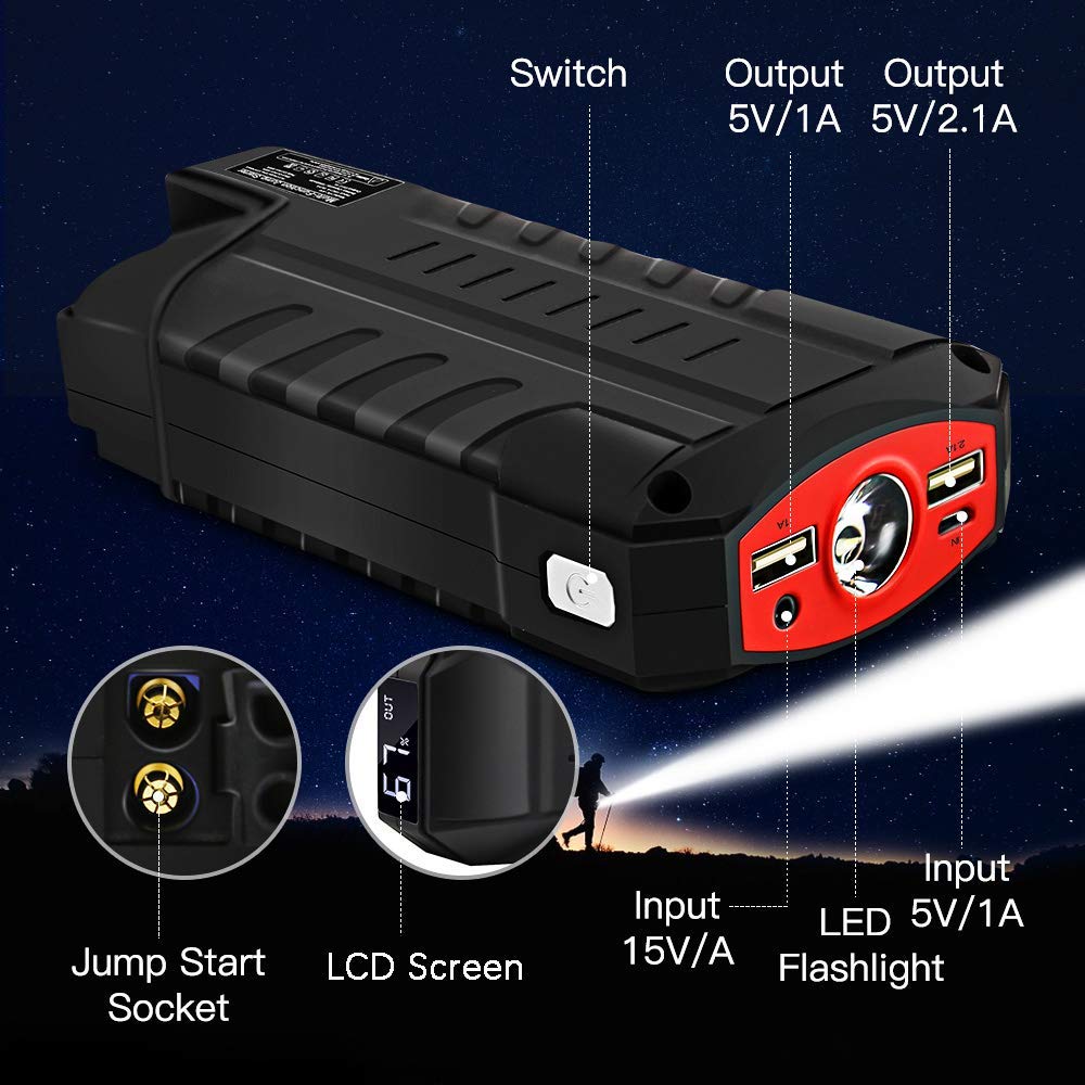 Vozada 800A Peak 18000mah Car Jump Starter 12V Auto Battery Booster (up to 4.0L Gas or 3.0L Diesel Engine), Portable Power Pack with LCD Screen, Built-in LED Light and Dual USB Charge