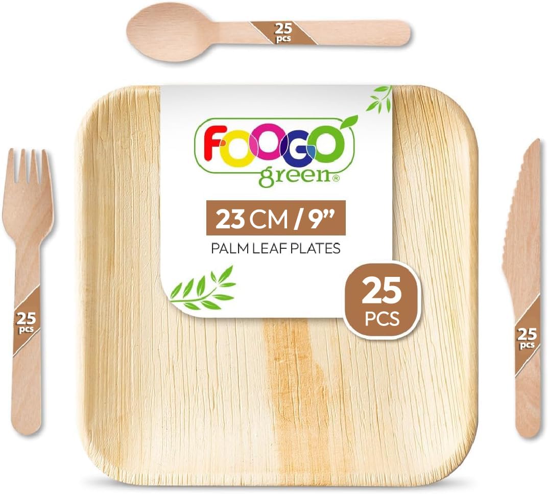 FOOGO Green 100pcs Disposable Palm Leaf Plates and Wooden Cutlery Set, FSC® Certified, 25x Large Square Plates, 25x Forks, 25x Knives, 25x Spoons, Eco Friendly Biodegradable, Party
