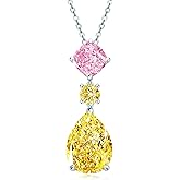 Sterling Silver Diamond Necklaces for Women,Pear Cut（12x16mm）12.5Ct Yellow Lab Simulated Diamond Three Stone Drop Pendant 14K White Gold Plated Jewelry Gifts for Her Birthday Day Christmas Gift