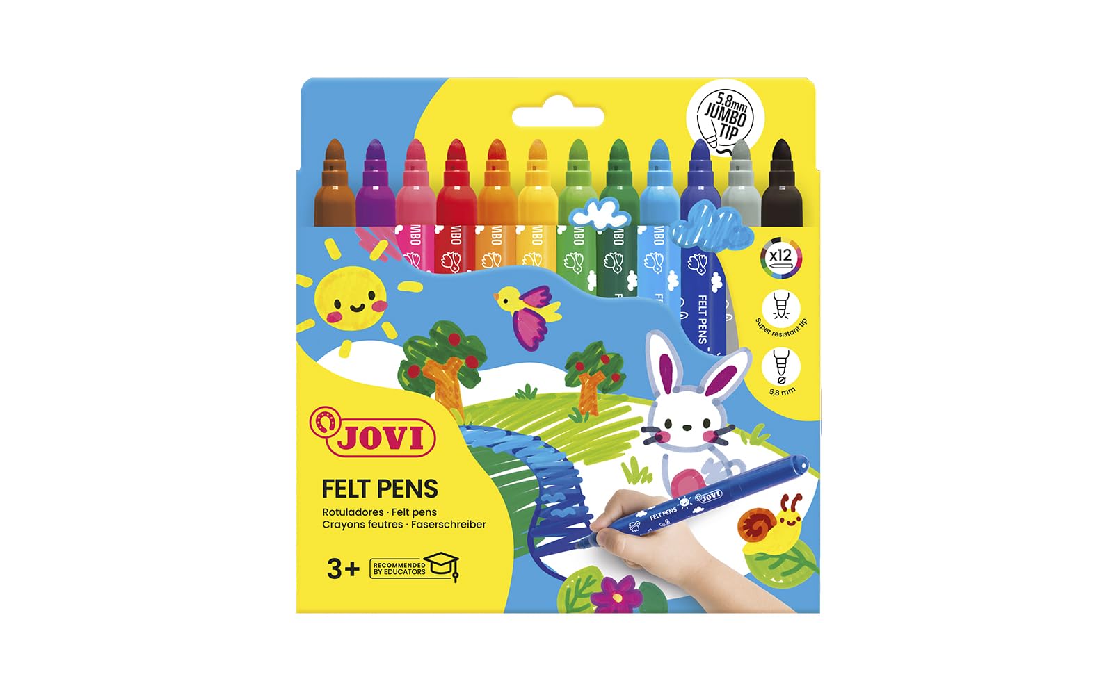Jovi Thick felt tip pens, 5.8 mm line width, washable, non-slip tip, set of 12 colours, assorted