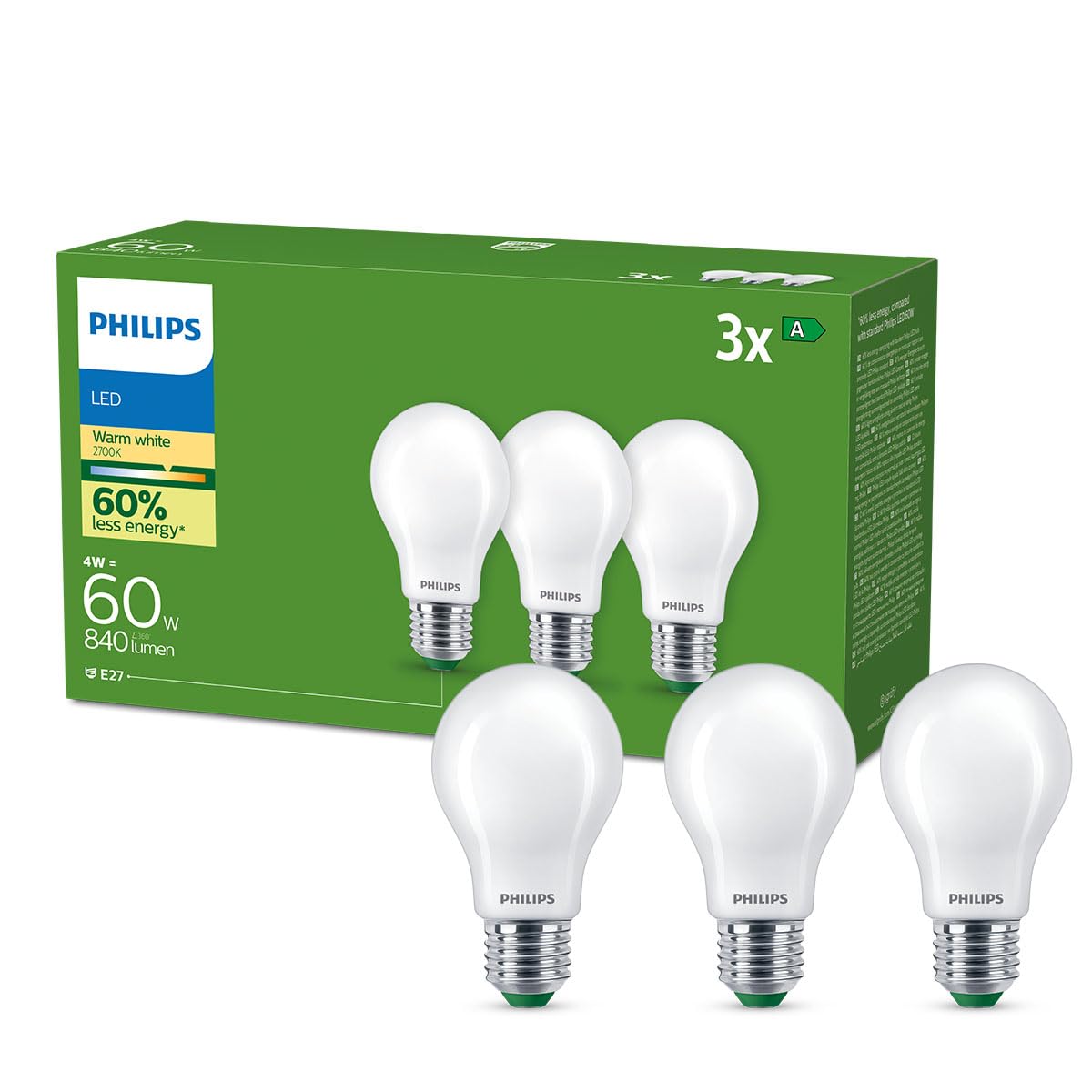 Philips Frosted Ultra-Efficient LED Bulb (3 Pack), E27, 4W Equivalent to 60W, Warm White Light 2700k, Energy Efficiency A