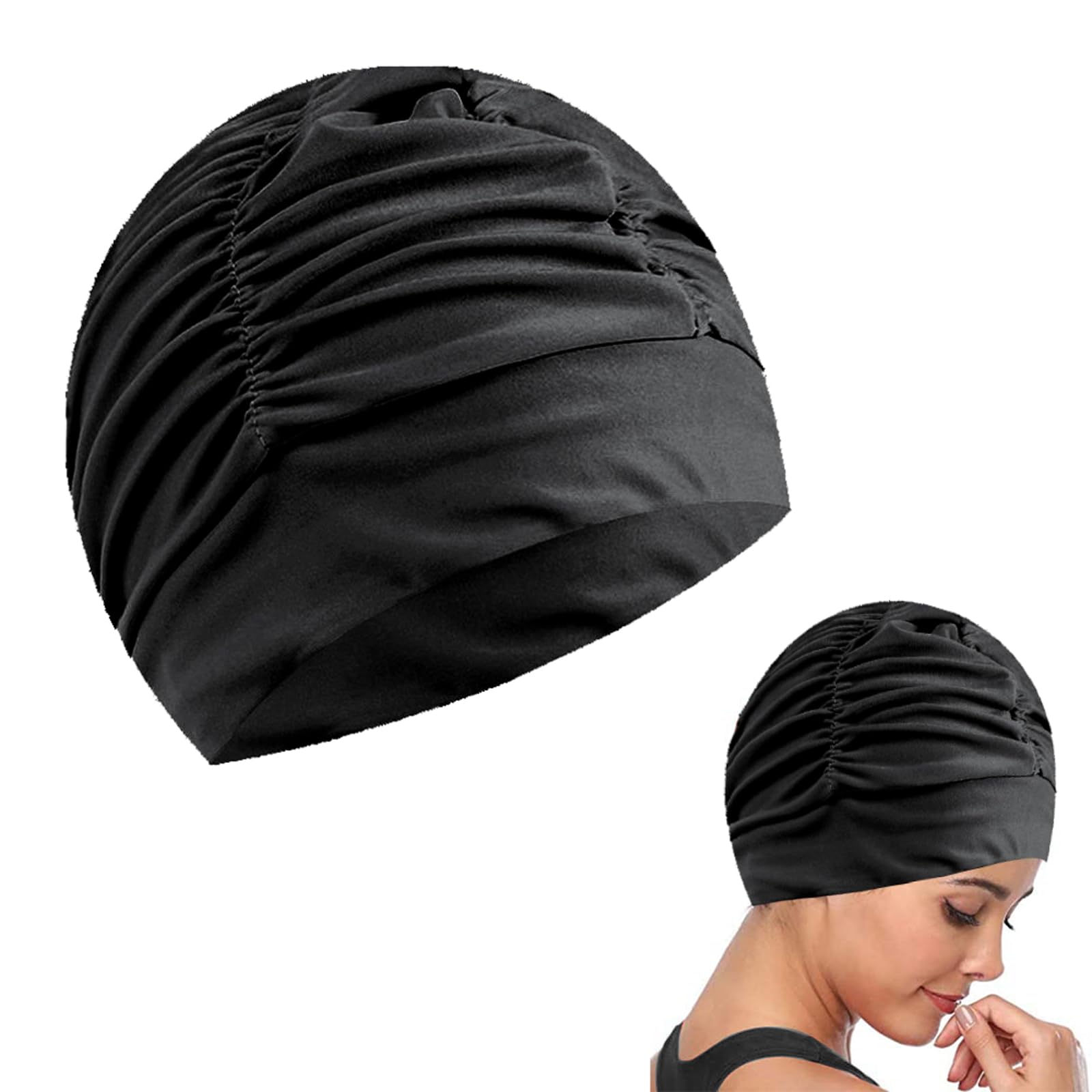 Swimming Cap for Women, Pleated Fabric Swimming Caps, Nylon Fabric Swimming Cap, Comfort Fabric Swimming Cap, Bathing Cap, Elastic Hair Swimming Caps for Long, Short Hair (Black)