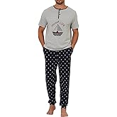 Keyocean Mens Pajama Set, Soft Cotton Short-Sleeve T-Shirt & Long Pants PJ Set for Sleeping