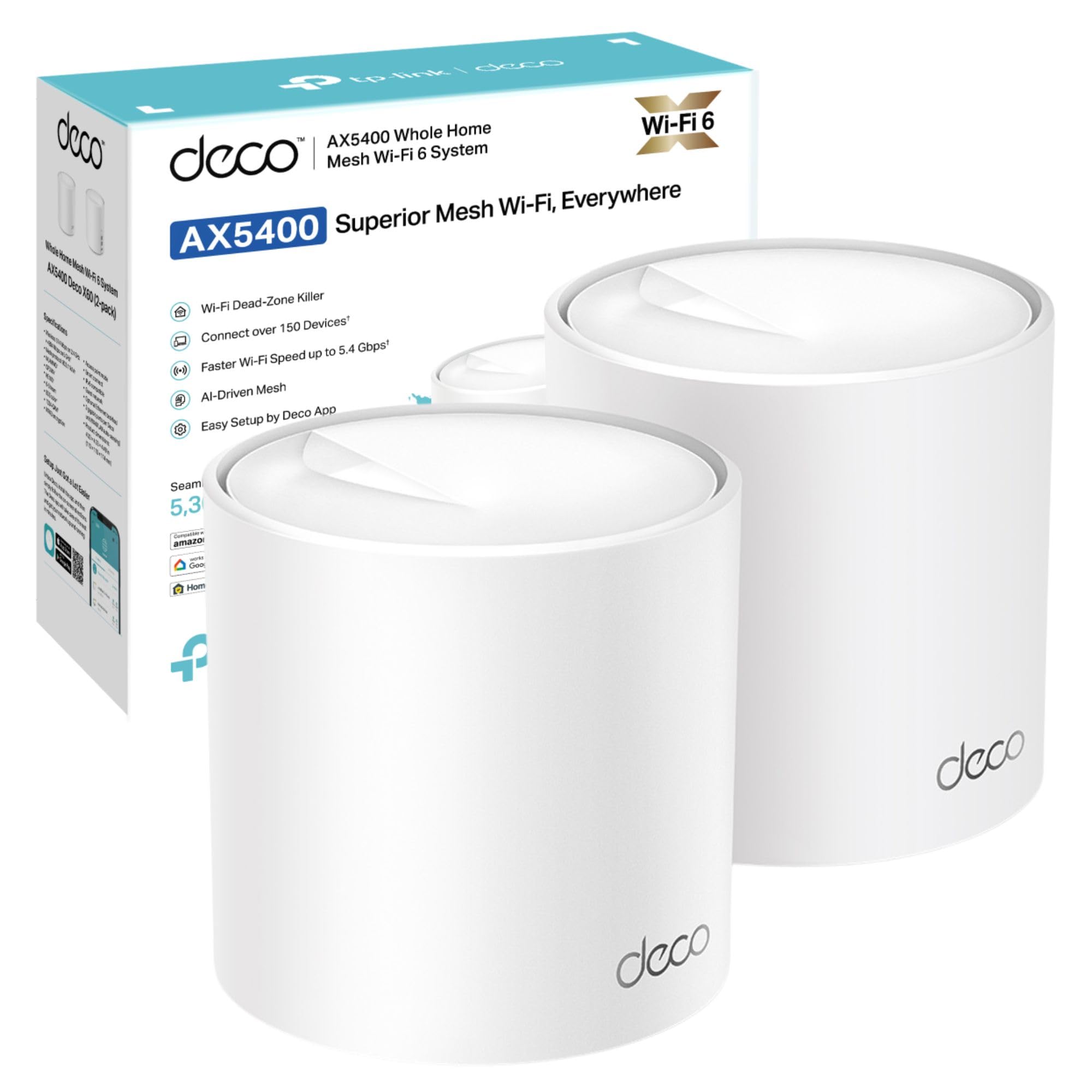 TP-Link Deco X60(2-pack) AX5400Mbps Whole Home Mesh WiFi 6 System, AI Driven WiFi Booster, Up to 5,300 ft² Coverage, 1 GHz Quad-Core CPU, Compatible with Amazon Alexa, HomeShield Security, Easy Setup