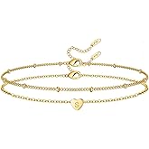 Glimmerst Heart Initial Bracelet for Women 18k Gold Plated Stainless Steel Beaded Chain Layered Letter Bracelet Personalized Name Bracelet
