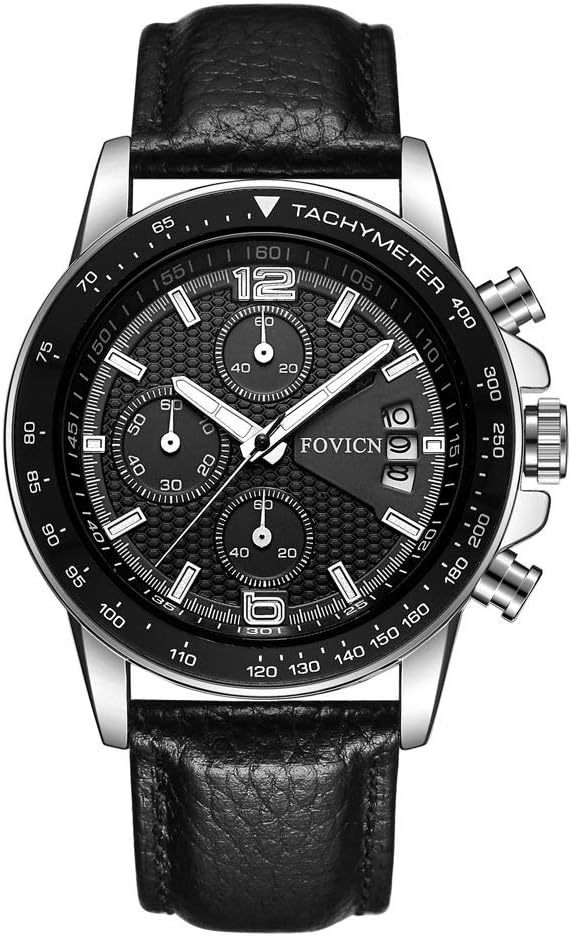 Mens Watches Waterproof Leahter Analog Quartz Watch for Men Fashion Business Chronograph Wristwatch Men's Sport-Watch Black