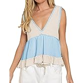 AEJENNIO Womens Tank Tops V Neck Waffle Knit Camis Sleeveless Ruffle Hem Crop Top Peplum Blouses Blue