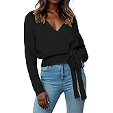 Womens Fall Sweaters 2026 Womens Casual V Neck Wrap Sweater Pullovers Lightweight Ribbed Drop Shoulder Knitted Warm Cozy Tops