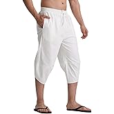 LINMYZAI Men's Linen Yoga Pants Casual Beach Loose 3/4 Harem Trousers Summer Elastic Drawstring Capri Pants