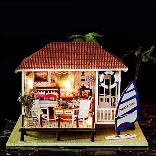 Ploy Miniature Wooden Dollhouse DIY KIT- Loving Family Handmade Doll House With Furniture accessories, LED Light + Music Movement, 3d Puzzles Creative Assembling Toys [ K005 Beach House ]