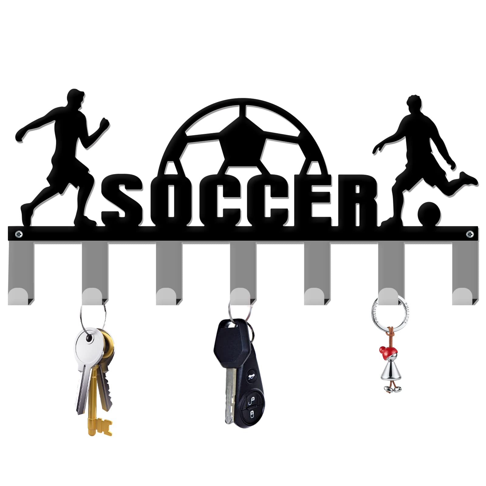 INFUNLY Key Holder for Wall Soccer Theme Wall Mounted Hooks Metal Key Hooks Keychain Holder with 7 Hooks Personalized Design Key Rack Home Key Rack for Entryway with Screws and Anchors