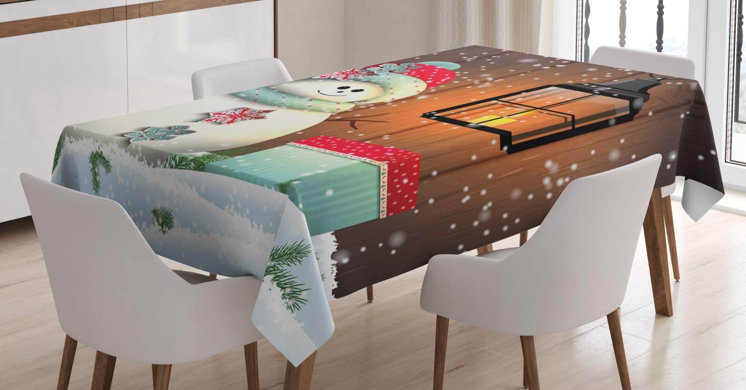 ABAKUHAUS Christmas Tablecloth, Snowman with Santa Hat in the Garden with a Gift Box and Lantern Image, Dining Room Kitchen Table Cover, 54" x 78", White Brown