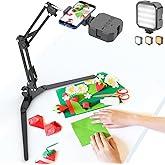 Overhead Phone Mount with LED Light, Phone Stand for Recording, Adjustable Tabletop Stand for Live Streaming Online Video and Food Crafting Demo Drawing Sketching