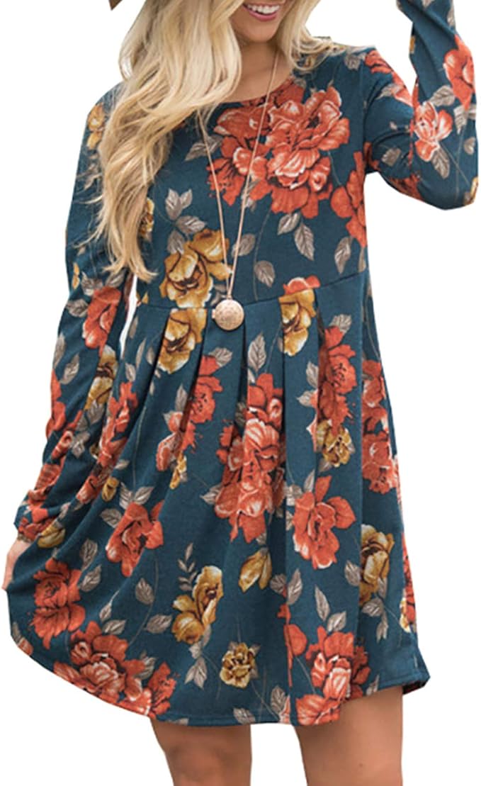 navy floral long sleeve pleated midi dress