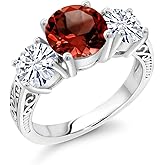Gem Stone King 925 Sterling Silver Red Garnet and White Moissanite Engagement Ring For Women | 4.10 Cttw | Round 8MM | Gemstone January Birthstone