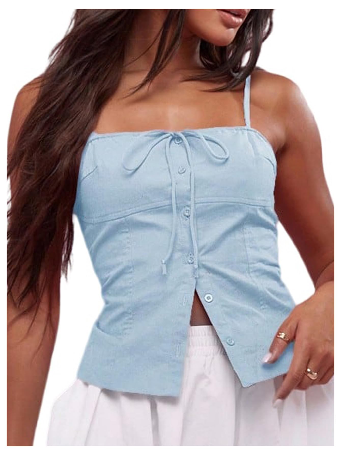 Photo 1 of SOLY HUX Women's Tie Front Button Down Cami Top Y2k Spaghetti Strap Bustier Corset Tops Camisole Solid Blue X-Large
