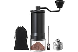 ELMWAY Manual Coffee Grinder, Hand Coffee Grinder with Conical Stainless Steel Burr Core, Adjustable for Fine/Coarse Grind for Home, Travel, Gifts for Coffee Lovers (Black with Glass Container)