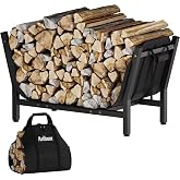 Artibear 28 Inch Firewood Rack with 900D Canvas Log Carrier Bag, Outdoor Indoor Log Holder for Fireplace, Heavy Duty Fire Wood Log Stand, Wood Pile Stacker Storage Organizer Tool for Patio Deck, Black