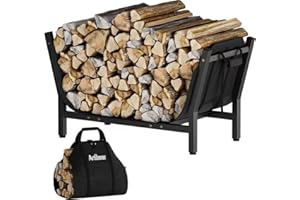 Artibear 28 Inch Firewood Rack with 900D Canvas Log Carrier Bag, Outdoor Indoor Log Holder for Fireplace, Heavy Duty Fire Wood Log Stand, Wood Pile Stacker Storage Organizer Tool for Patio Deck, Black