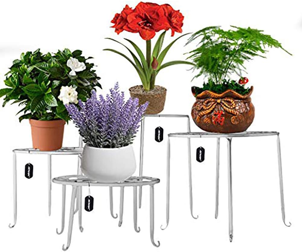 AISHN Metal Plant Stand 4 in 1 Potted Irons Planter Supports Floor Flower Pot Round Rack Display with Scroll Pattern Perfect for Home, Garden, Patio
