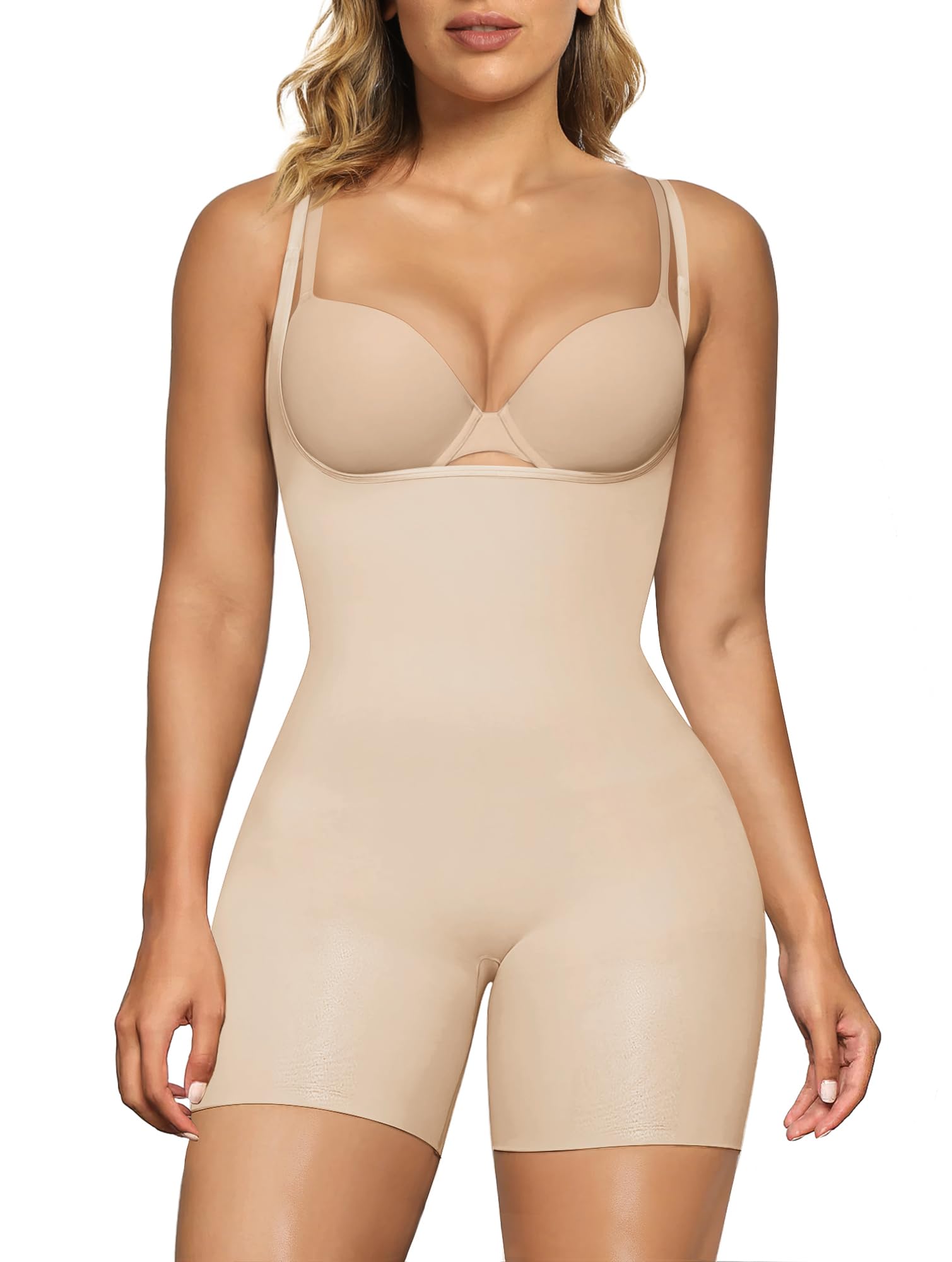 Photo 1 of SHAPERX Open Bust Shapewear Tummy Control Bodysuits for Women Seamless Compression High Waisted Body Shaper, SZ5258-Beige-L/XL