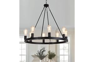 AMZASA Farmhouse 8-Lights Black Industrial Wagon Wheel Chandelier Light Fixture for Foyer Dining Room Kitchen Living Room Entryway Dia27 Inches UL Listed