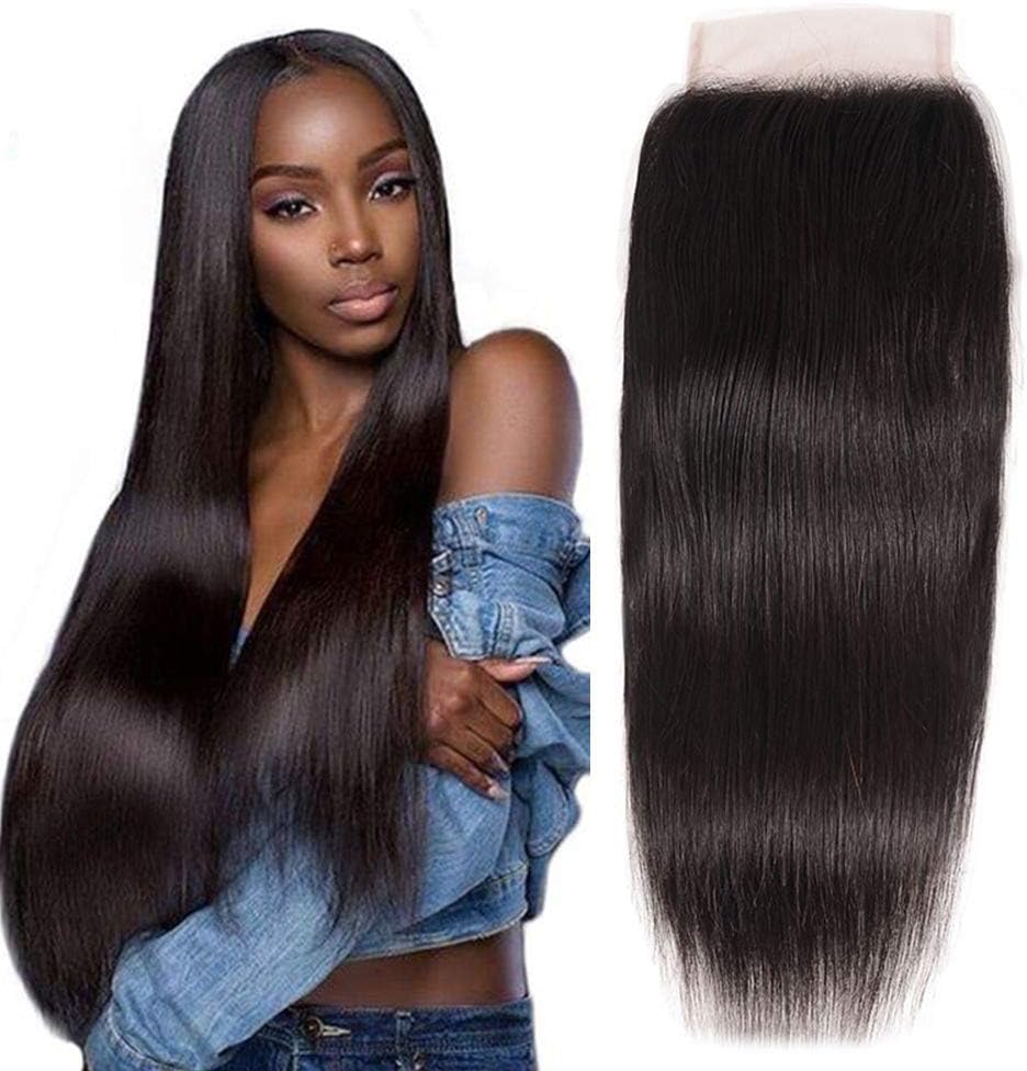 9A Brazilian Virgin Hair Straight Human Hair 4x4 Lace Closure Free Part Brazilian Human Hair Extensions Unprocessed Hairpieces for Wigs Natural Black 8"