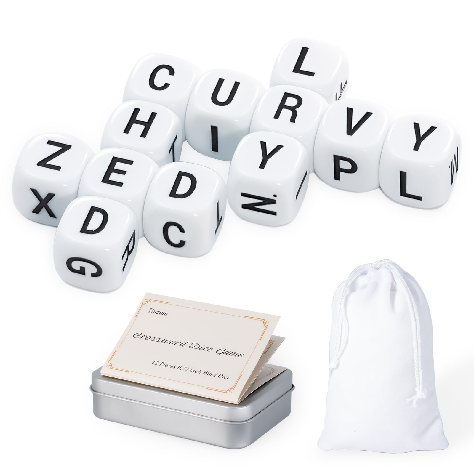 Photo 1 of 12 Pcs The Crossword Solitaire Game in White with Tin Box & Velvet Bag, Large Spelling Letter Dice Game for Adults, Travel & Game Night