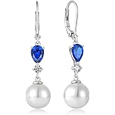 EJARY Women Pearl Dangle Drop Earrings with Birthstone 925 Sterling Silver Leverback Earring with 10MM White Pearls