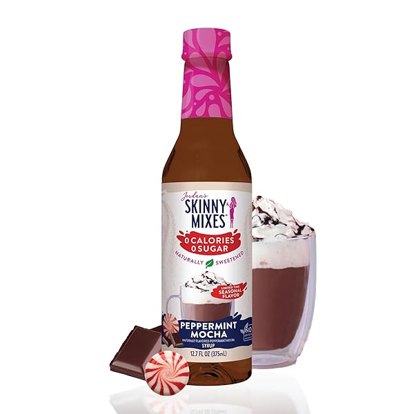 JORDAN’S SKINNY MIXES SUGAR FREE COFFEE SYRUP, PEPPERMINT MOCHA COFFEE FLAVORING SYRUP, NATURALLY SWEETENED ZERO CALORIE DRINK MIX, LATTES, BAKING OR PROTEIN SHAKE, DAIRY & GLUTEN FREE, 12.7 FL OZ