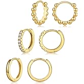 DAILY VIBES Small Gold Hoops Huggie Earrings for Women 14K Real Gold Plated Dainty Cubic Zirconia Mini Bead Cartilage Earring Hypoallergenic Hoop Earrings Set for Women