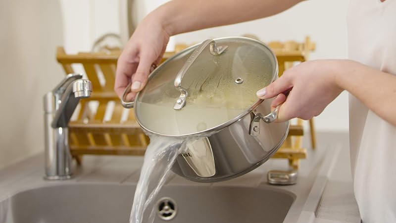 Duetto Lot de 7 pièces : 3 casseroles 16/20/24 cm, 1 casserole 16 cm, 3 couvercles en acier inoxydable, 3 couvercles en verre, marques de mesure, toutes sortes de cuisines, passe au four et au