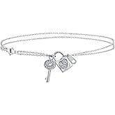 Bling Jewelry Romantic Cubic Zirconia Pave CZ Multi Charm Lock & Key Hearts Charm Anklet Ankle Bracelet For Women Girlfriend Teens .925 Sterling Silver Adjustable 8.5 To 10 Inch With Extender