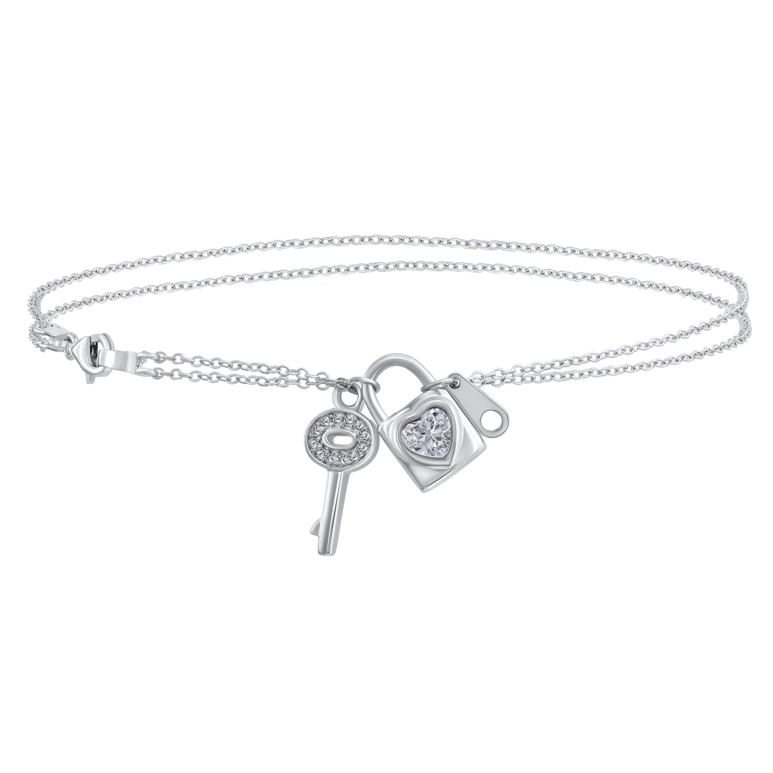 Bling Jewelry CZ Accent Heart Dangle Charm Lock & Key Anklet Double Chain Ankle Bracelet For Women .925 Sterling Silver Adjustable 9 To 10 Inch With Extender