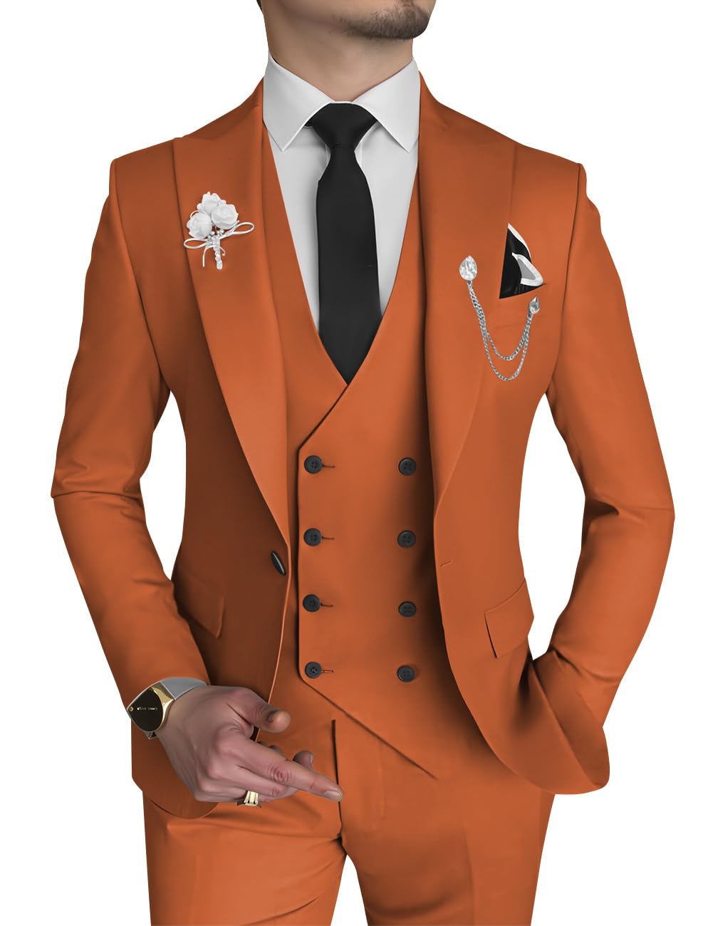 Photo 1 of 3 Piece Mens Suit Slim Fit Double Breasted Suit Formal Orange Suits for Men Wedding Groomsman,S