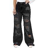 IbuduSexy Women's Mid Waisted Wide Leg Distressed Jeans Ripped Retro Denim Pants