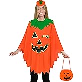 Yezmo Pumpkin Costume for Women, Pumpkin Poncho Cape Glow in the Dark with Headband Candy Bag for Halloween Dress Up