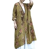 NFYM Women Lightweight Kimono Jacket Cotton Yarn Printed Tie Up Vintage Loose Cardigan Open Front Trench Coat Outerwear