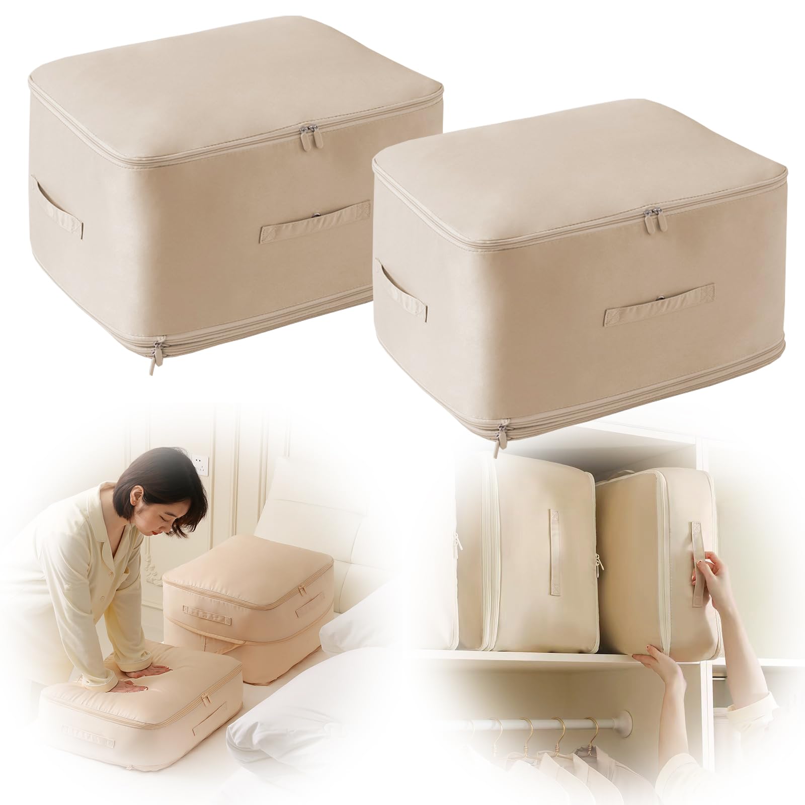 Ultra Space Saving Self Compression Organizer, Self Compression Moving Organizer Bags for Down Quilt, Down Clothes, Bedding, Storage Tote for Space Saving (2-packs beige, XL)