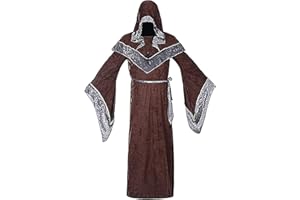 WISHU Mens Halloween Costume Sorcerer Robe, Medieval Vintage Renaissance Hooded Gown Cloak Cape