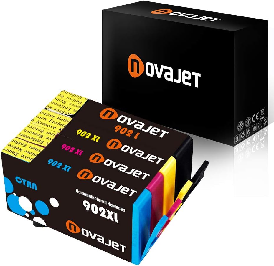 Novajet 4 Pack Remanufactured Ink Cartridge Replacement for HP 902XL 902L Used with HP OfficeJet Pro 6968 6978 6954 6978 6970 6975 6962 Printer (1 Black 1 Cyan 1 Magenta 1 Yellow)