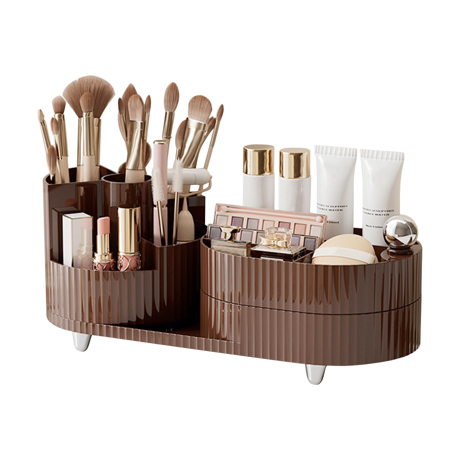 DASITON Makeup Organiser, 360° Rotating Makeup Brush Holder, Large Capacity Cosmetic Display Case Dressing Table Organiser, Makeup and Skincare Storage Organiser for Vanity, Bathroom, Desk (Brown 01)