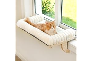 valigogo Cloud-Soft Cat Window Sill Perch with Zipper Designed Cushioned Bed, Supportive Cat Window Seat with Premium Solid Wood & Sturdy Metal Frame, Pet Hammock Bed for Large Cats (Large, White)
