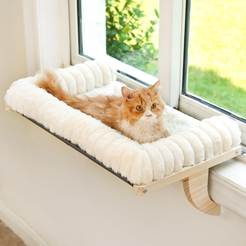 Photo 1 of valigogo Cloud-Soft Cat Window Sill Perch with Zipper Designed Cushioned Bed, Supportive Cat Window Seat with Premium Solid Wood & Sturdy Metal Frame, Pet Hammock Bed for Large Cats (Medium, White)