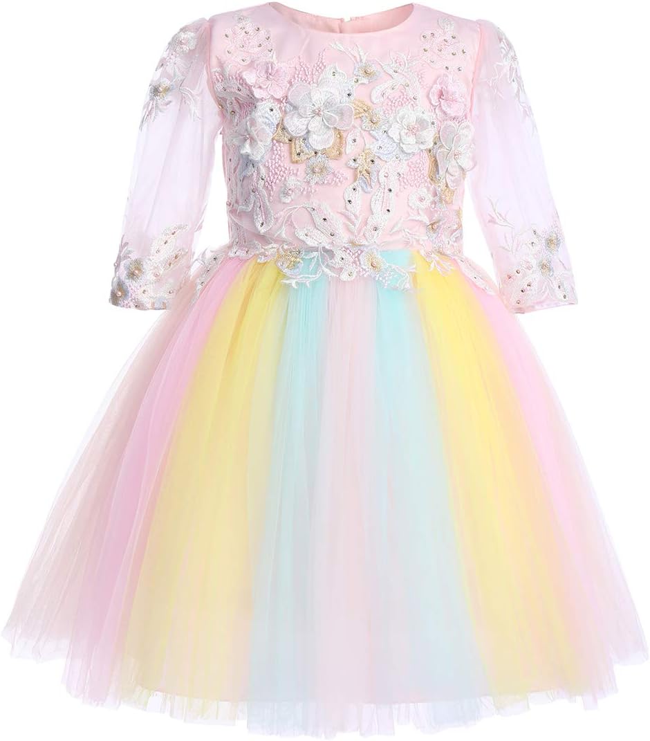 Girls Rainbow Unicorn Dress up Costume Puffy Tulle Skirt + Horn Headband Birthday Outfit Wedding Party Dresses for Kids