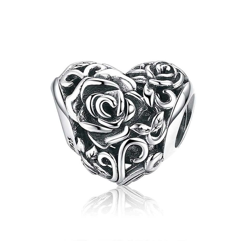 Bijoux Blu Rose Flower Heart Romantic New 925 Sterling Silver Rose Flower Engrave Heart Beads fit Charm Bracelets & Bangles DIY Jewellery Making