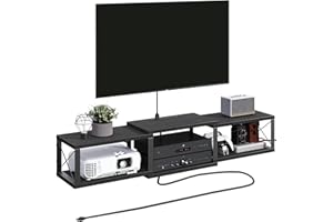 MAHANCRIS Floating TV Stand with Power Outlet, Wall-Mounted Entertainment Center with Storage, Floating Metal Frame Media Console Shelf for Under TV Storage, for Living Room, Bedroom, Black TVHB101E01
