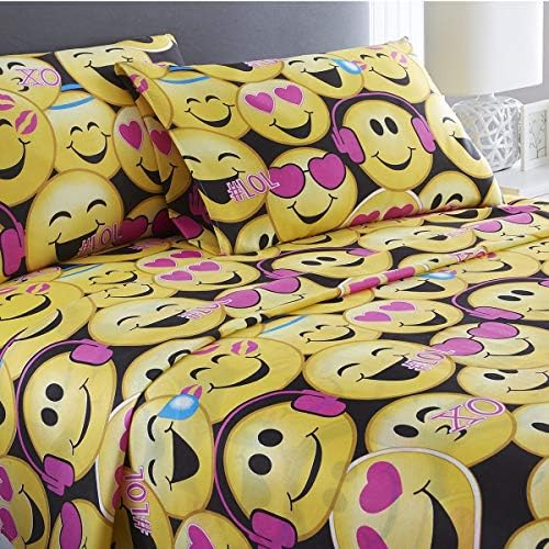 Spirit Linen 3pc Emoji Bed Sheet Sets with Pillow Case Cute and Cozy Giving You A Wonderful Night of Well Rested Sleep (Black, Twin)