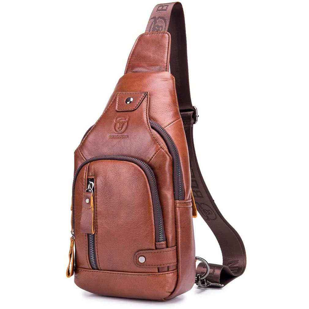 Hebetag Leather Sling Bag Hiking Daypack for Men Women Outdoor Travel Camping Fishing Crossbody Shoulder Chest Pack Backpack Brown